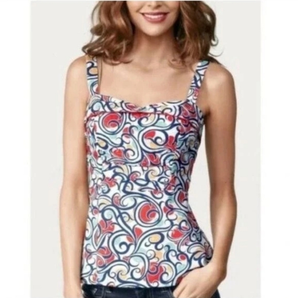 CAbi Sz 6 Cotton Swirl Print Smocked Back Tank Peplum Top Retro Multicolor